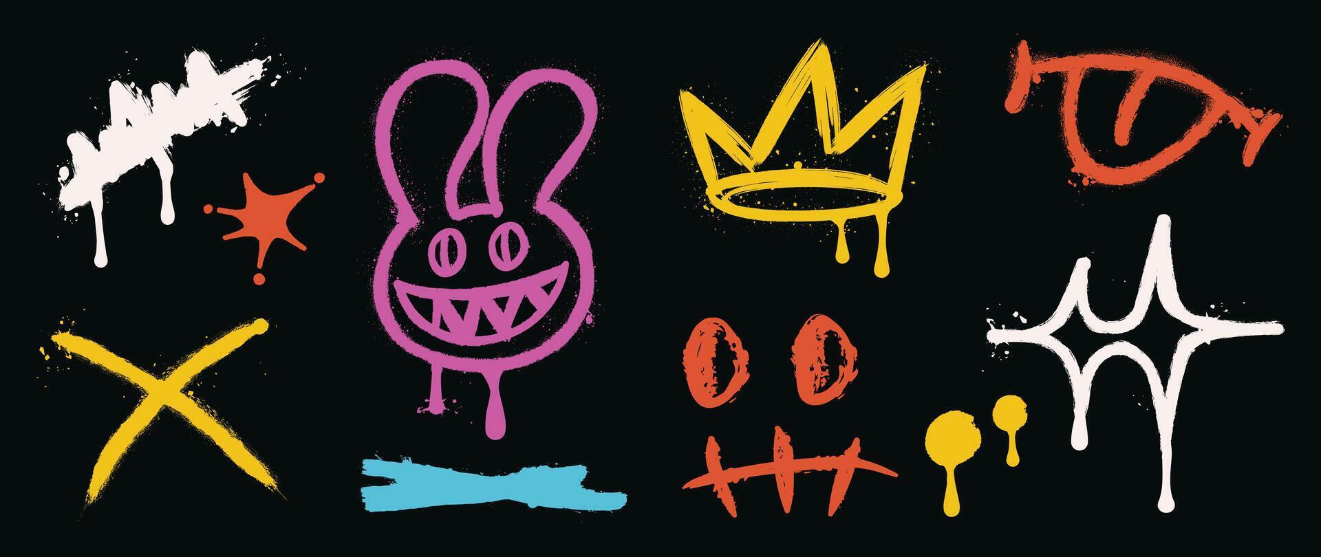 Set of graffiti spray element . Collection of colorful symbol, scribble, stroke, rabbit, crown, sparkle, cross, tongue. Element on black background for banner, decoration, street art, ads. vector