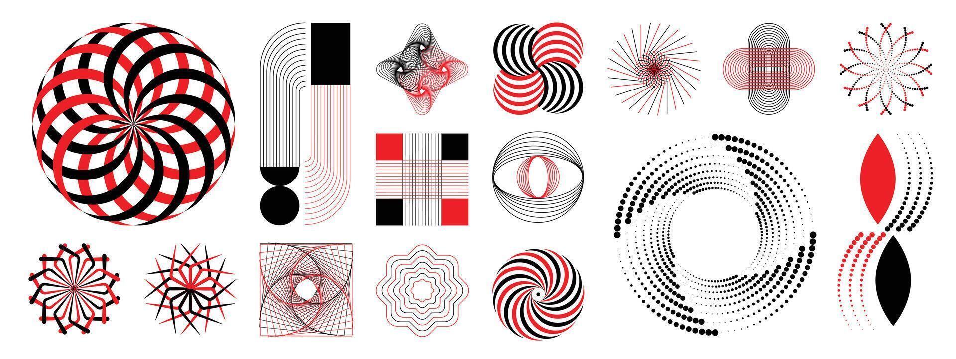 Hand drawn abstract minimal element mid century set. Aesthetic contemporary stripe line art, geometric shape in black and red. Art form design for wall art, decoration, wallpaper. vector