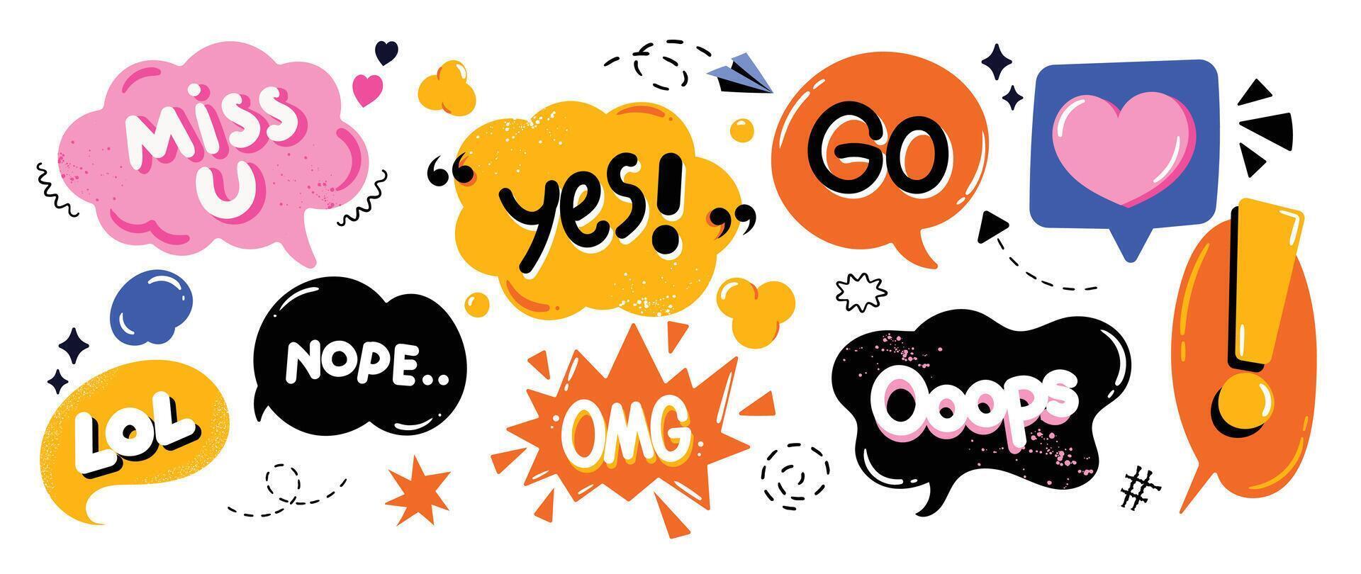 Set of doodle and speech bubble . Collection of contemporary figure, speech bubble with text, arrow in funky groovy style. Chat design element perfect for banner, print, sticker. vector