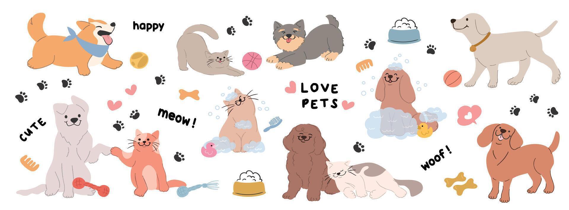 Cute pet doodle set. Cartoon dogs and cats characters design collection with flat color in different poses, toy, ball, pet food, bowl. Set of funny pet animals isolated on white background. vector