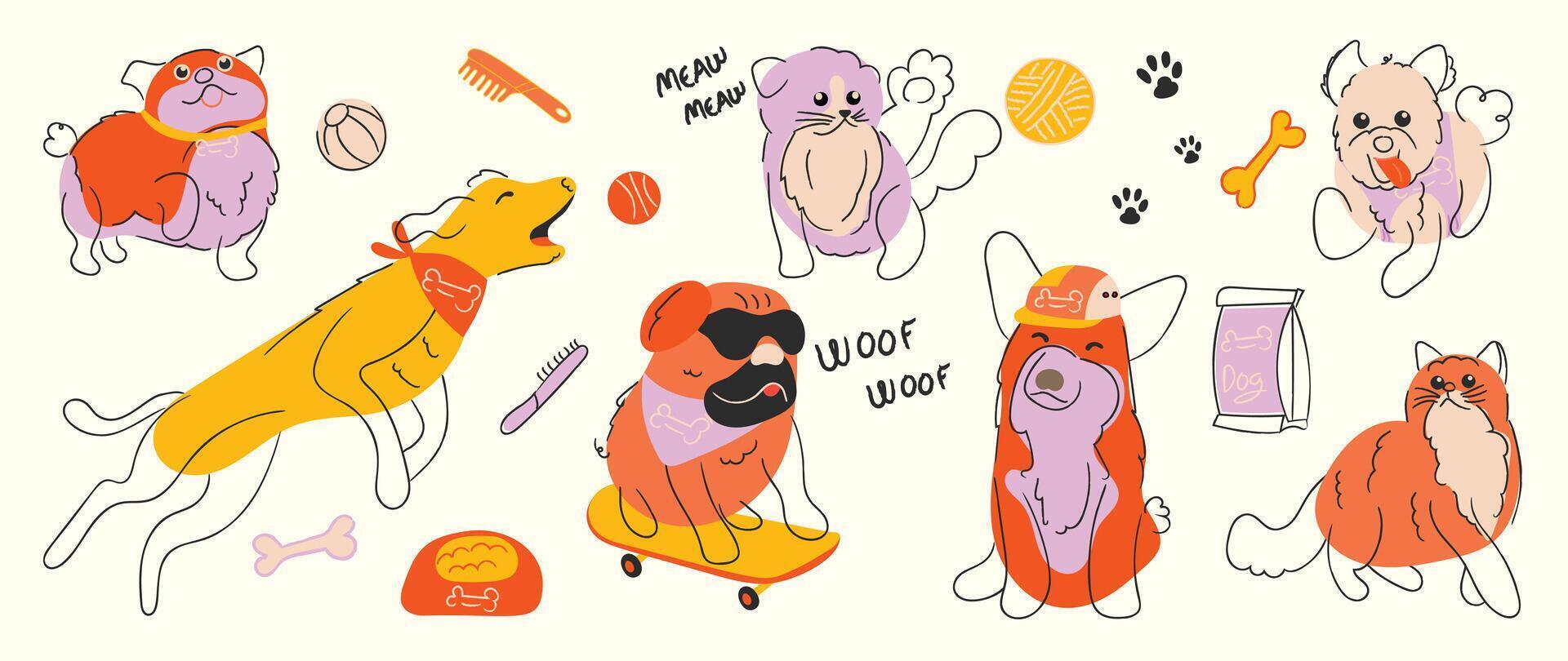 Cute pet doodle set. Cartoon dogs and cats characters design collection with flat color in different poses, toy, ball, pet food, bowl. Set of funny pet animals isolated on beige background. vector