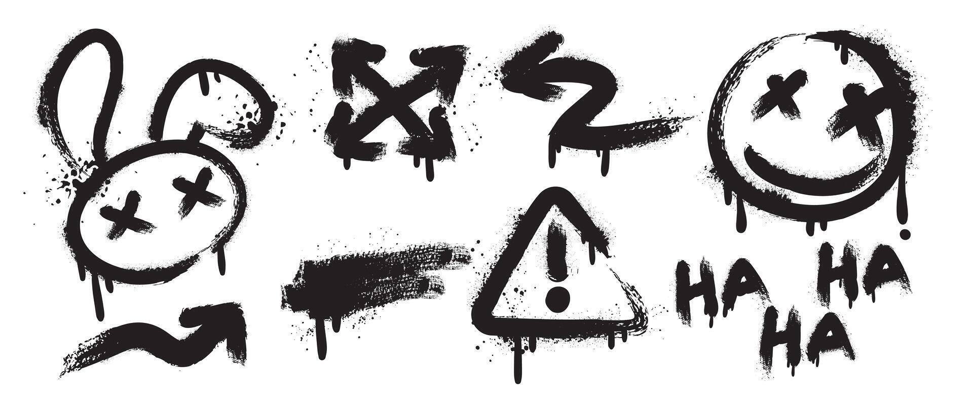 Set of graffiti spray element . Collection of colorful symbol, scribble, stroke, arrow, rabbit, smile, warning. Element on black background for banner, decoration, street art, ads. vector