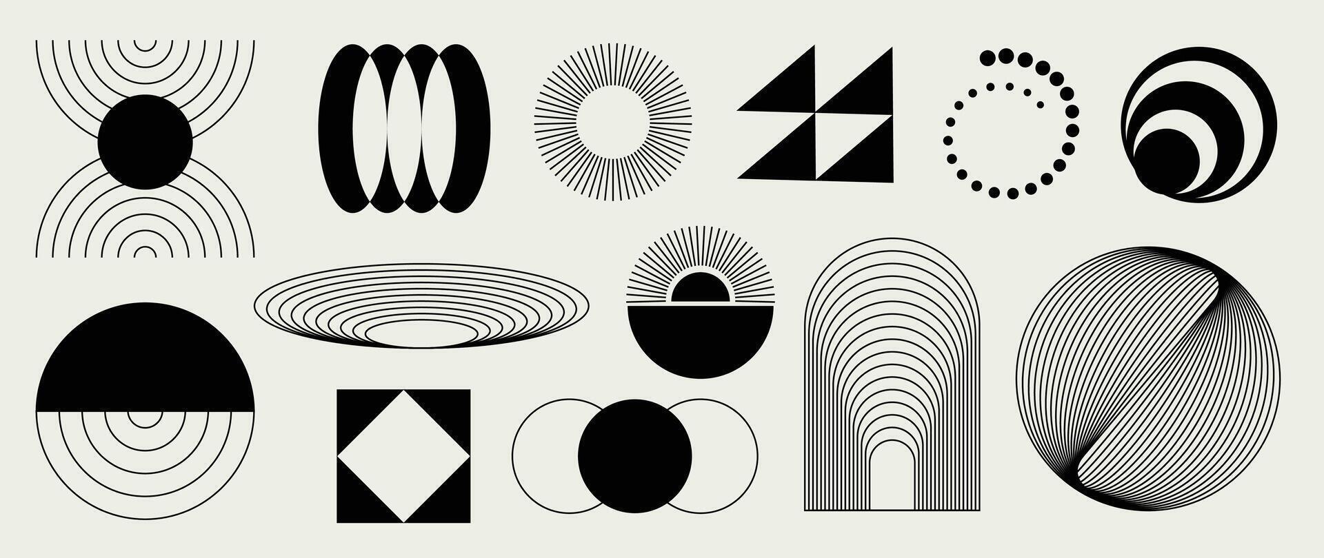 Hand drawn abstract minimal element mid century set. Aesthetic contemporary stripe line art, geometric shape in monochrome. Art form design for wall art, decoration, wallpaper. vector