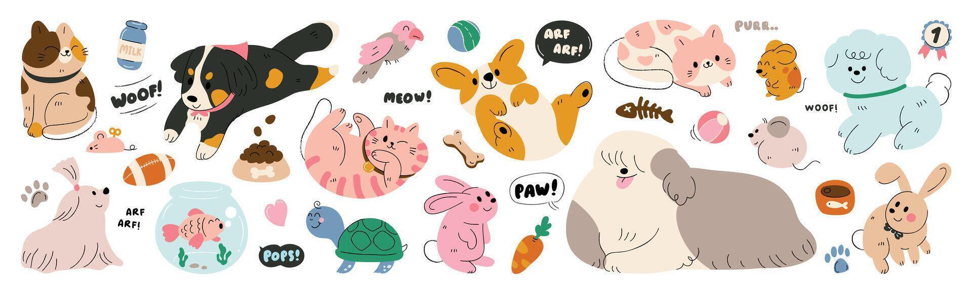 Cute pet doodle set. Cartoon animals characters design collection with dog, cat, bird, fish, rabbit, rat, turtle in different poses. Set of funny pet animals isolated on white background. vector
