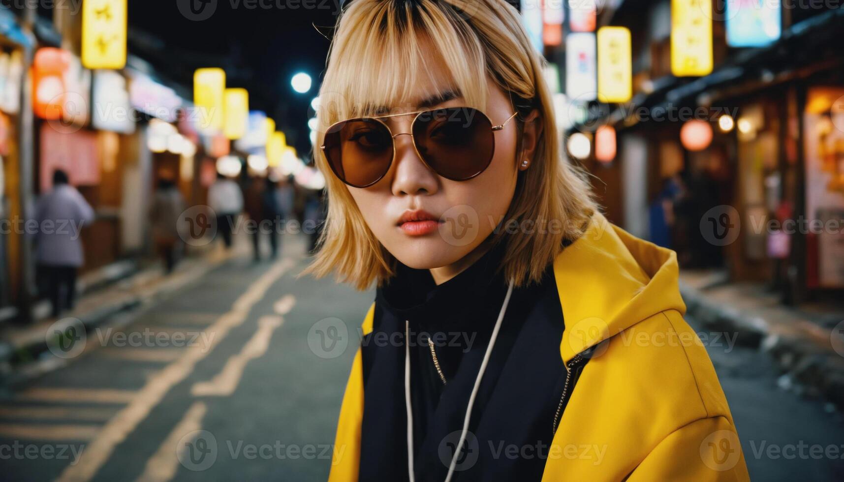 photo of beautiful asian woman in yellow outfit at asian street night market ,