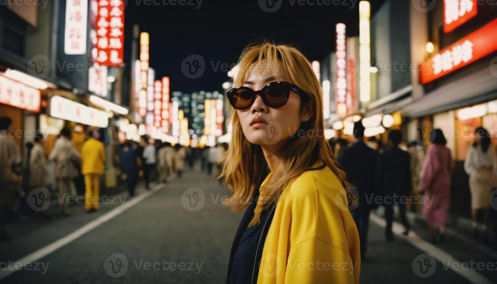 photo of beautiful asian woman in yellow outfit at asian street night market ,