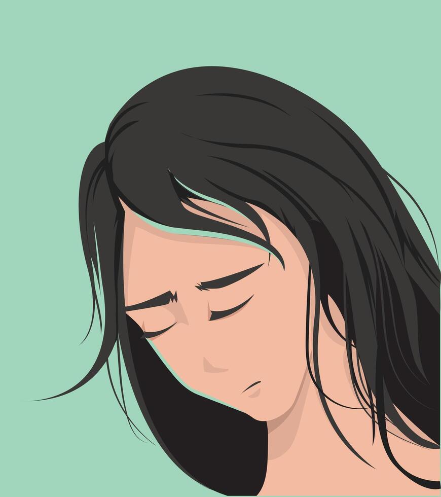 black hair color girl in sorrow mood in blue background vector