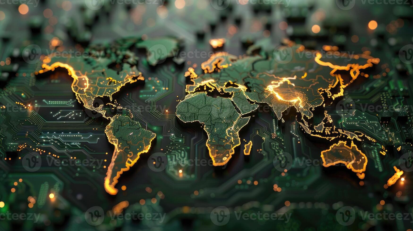 World map digital tech circuit board background photo
