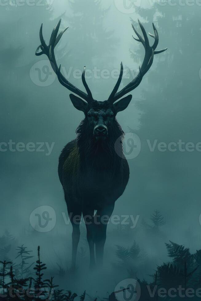 Majestic red deer stag with impressive antlers standing in a foggy forest landscape photo