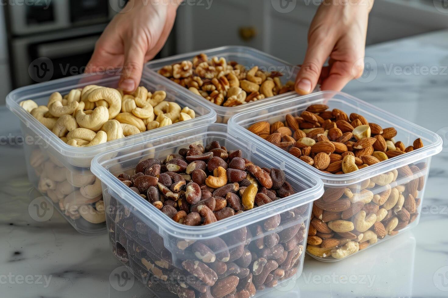 Transparent container with mixed nuts photo