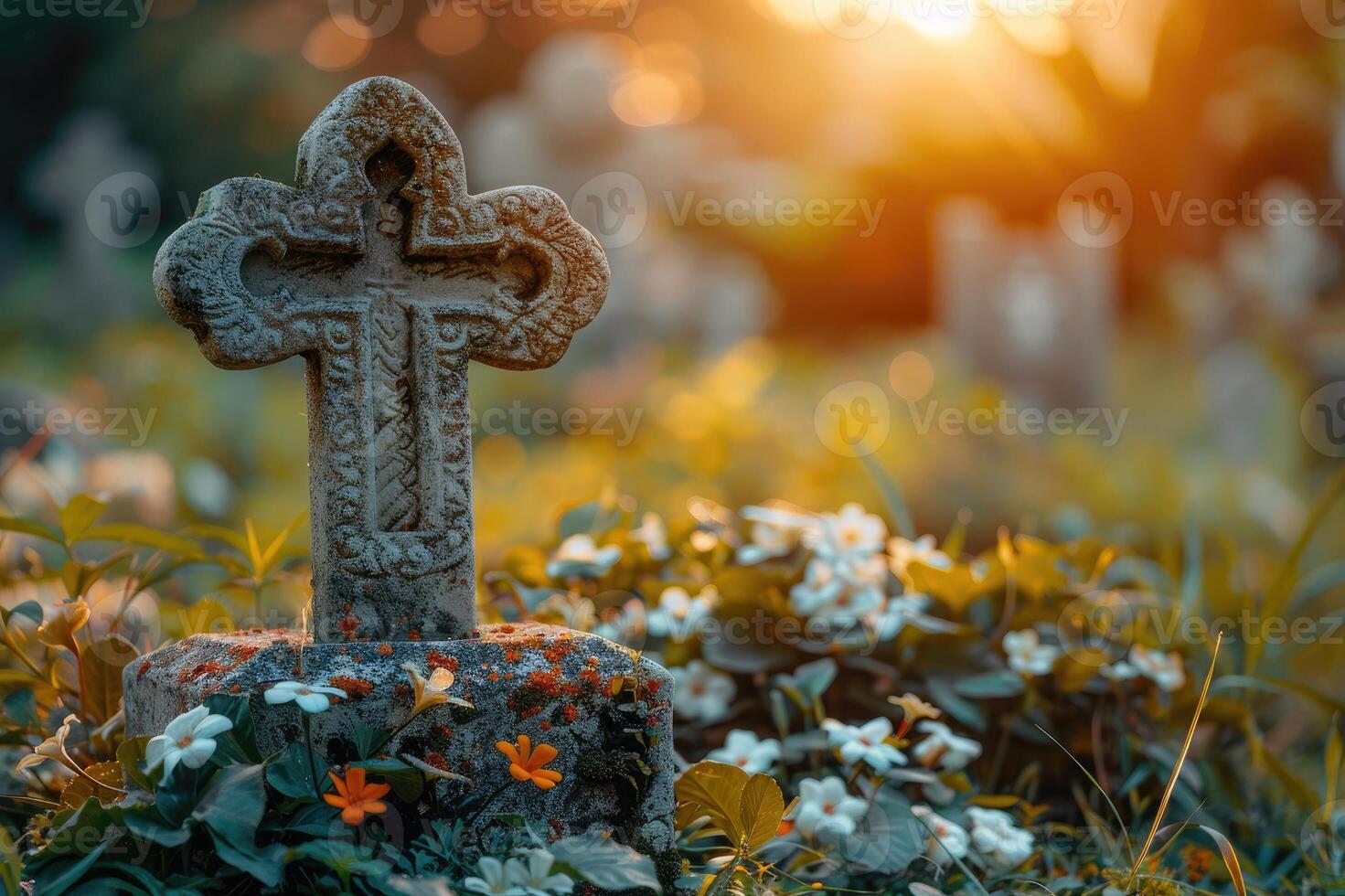 An old stone cross with intricate designs, surrounded by orange flowers and foliage in a serene graveyard scene photo