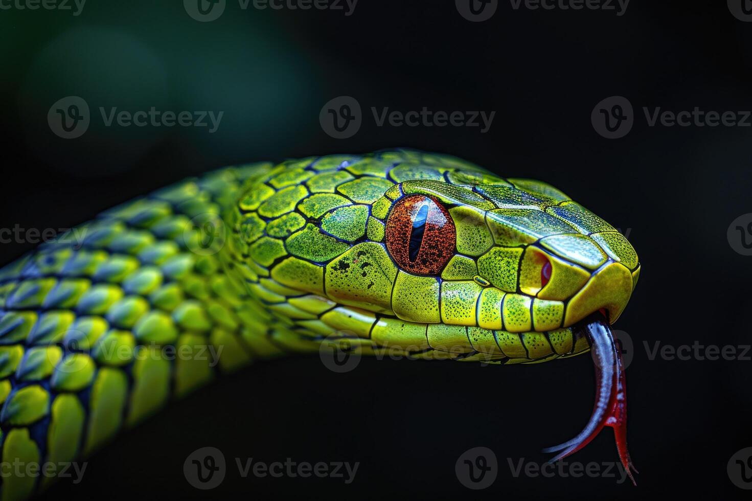 Close-up of a vibrant green snake with a detailed view of its scales, eye, and forked red tongue photo
