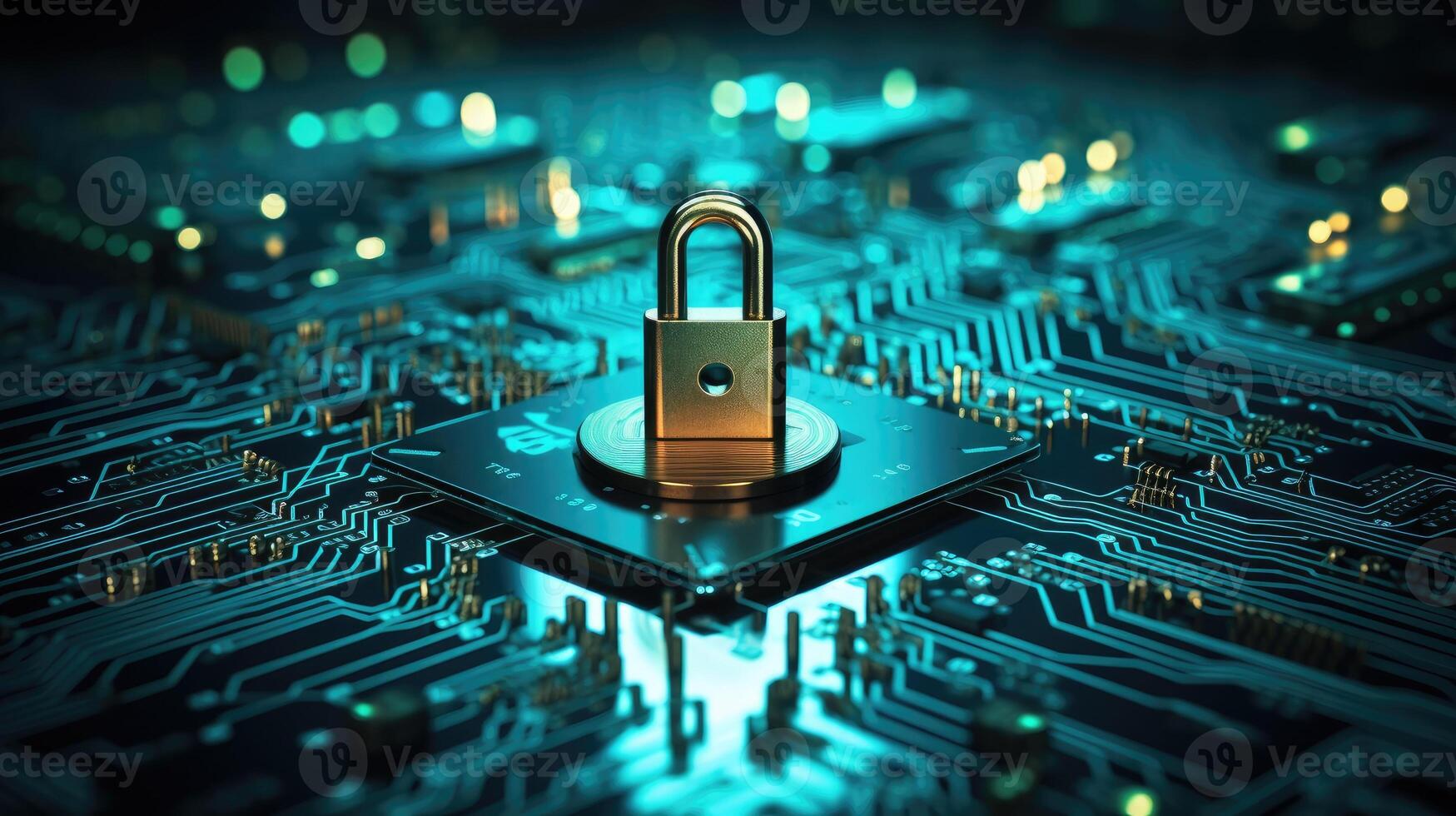 A golden padlock placed centrally on an illuminated blue circuit board symbolizing cybersecurity photo