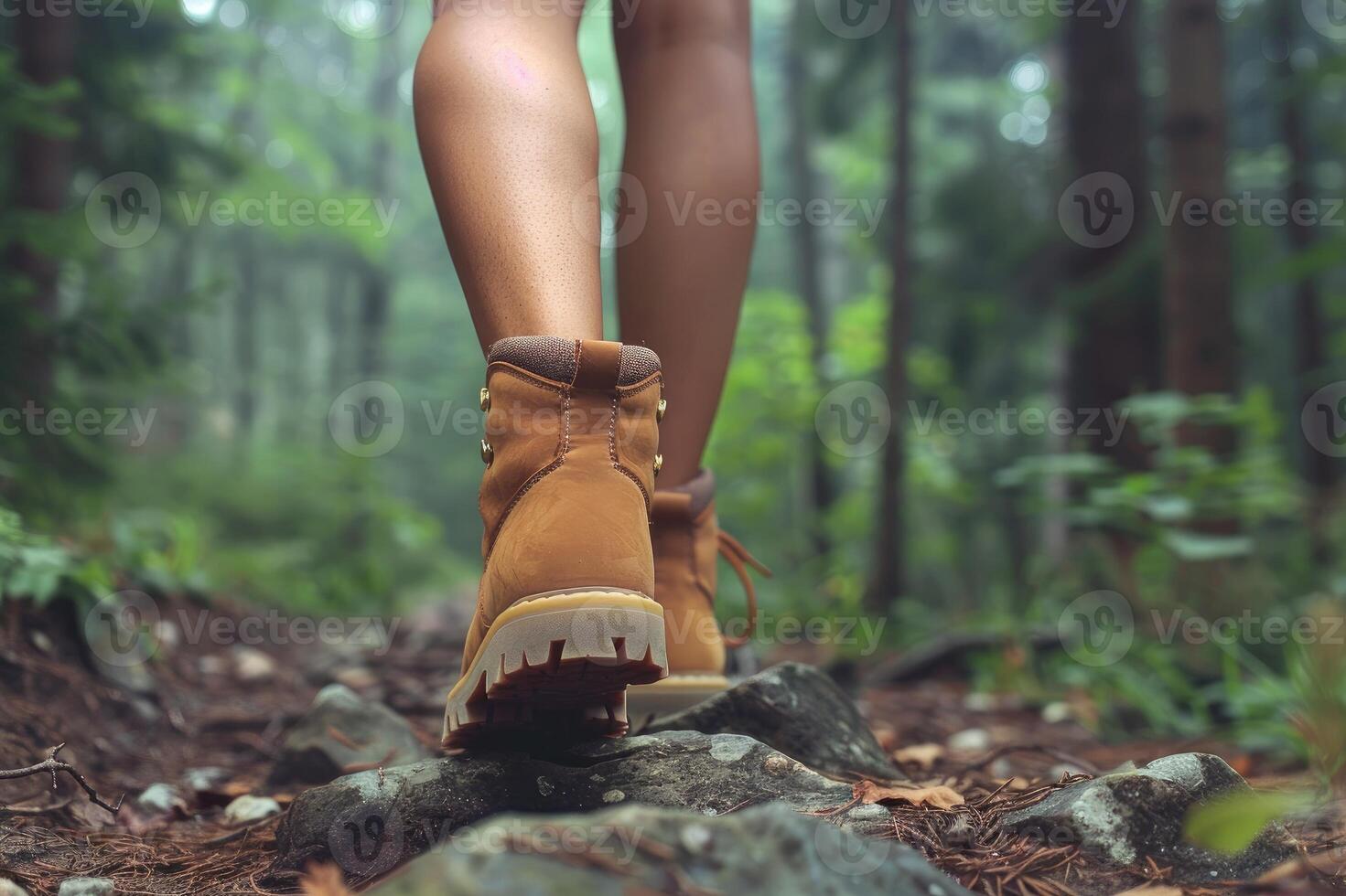 Detailed close-up image showcasing a hiker's shoe stepping on a forest trail photo