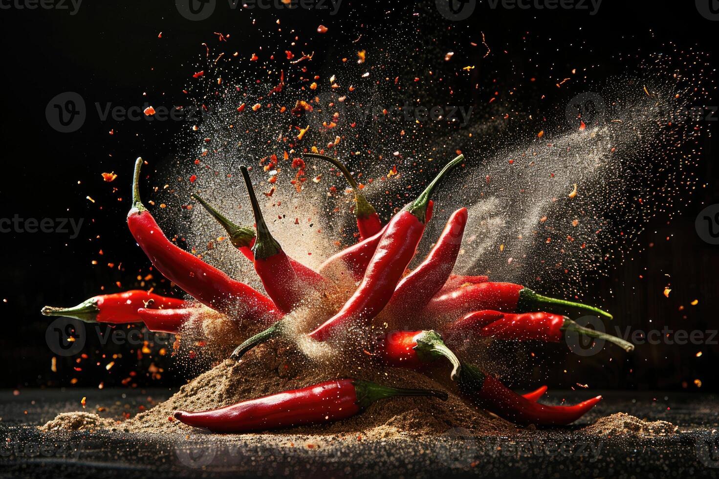 Dynamic explosion of chili powder with fresh red chili peppers photo