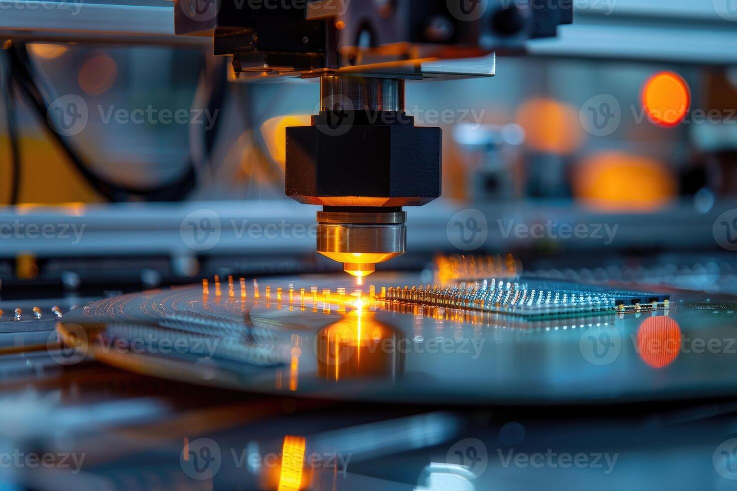 Robotic manufacturing of semiconductors and computer chips from silicon wafers. Modern technology concept photo