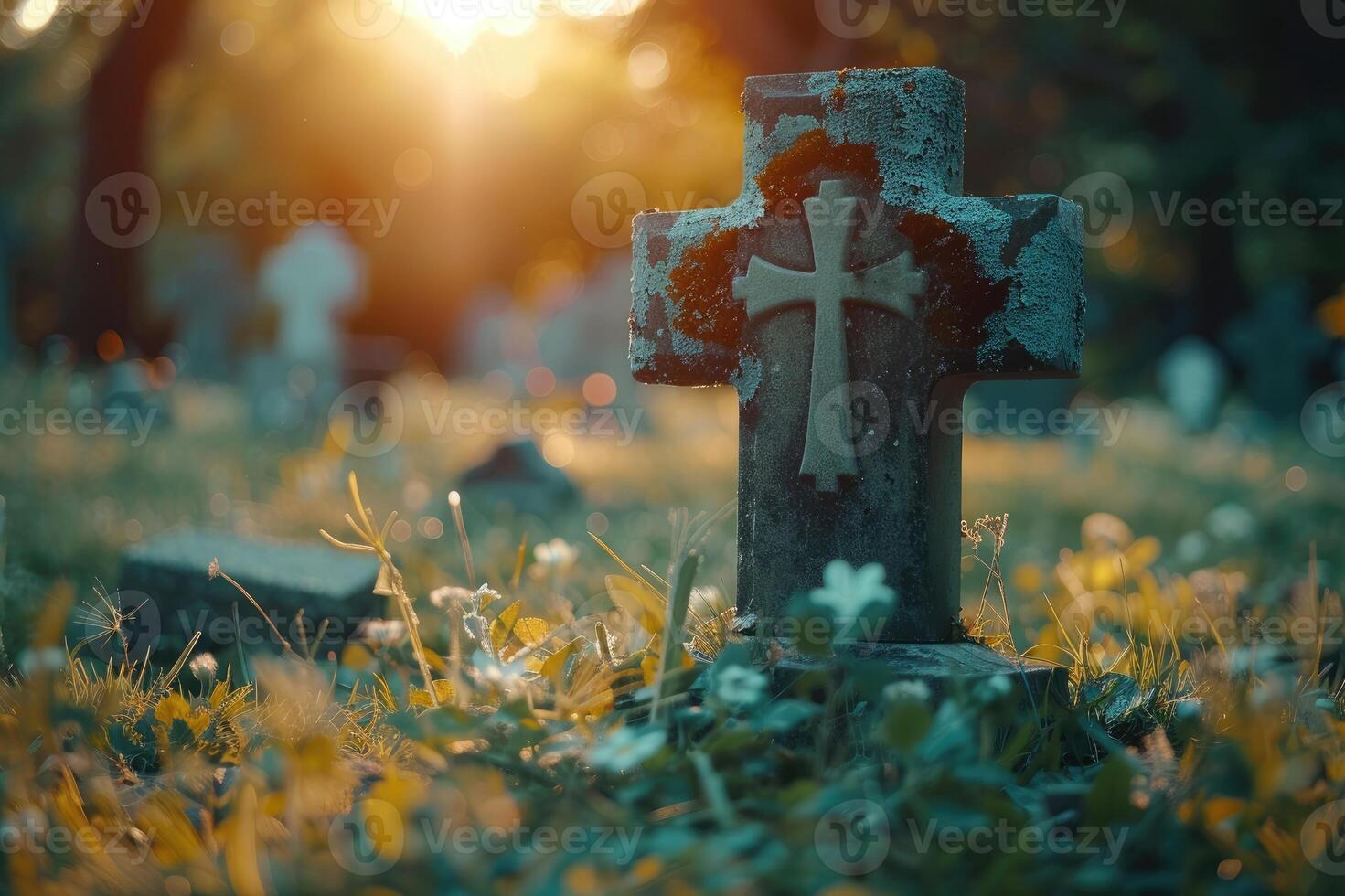 An old stone cross with intricate designs, surrounded by orange flowers and foliage in a serene graveyard scene photo