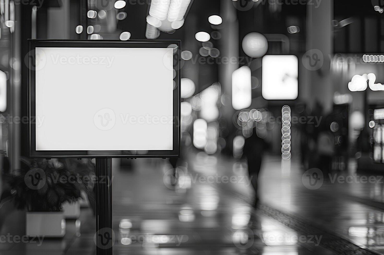 A monochrome image showing an empty advertisement board in a busy shopping mall photo