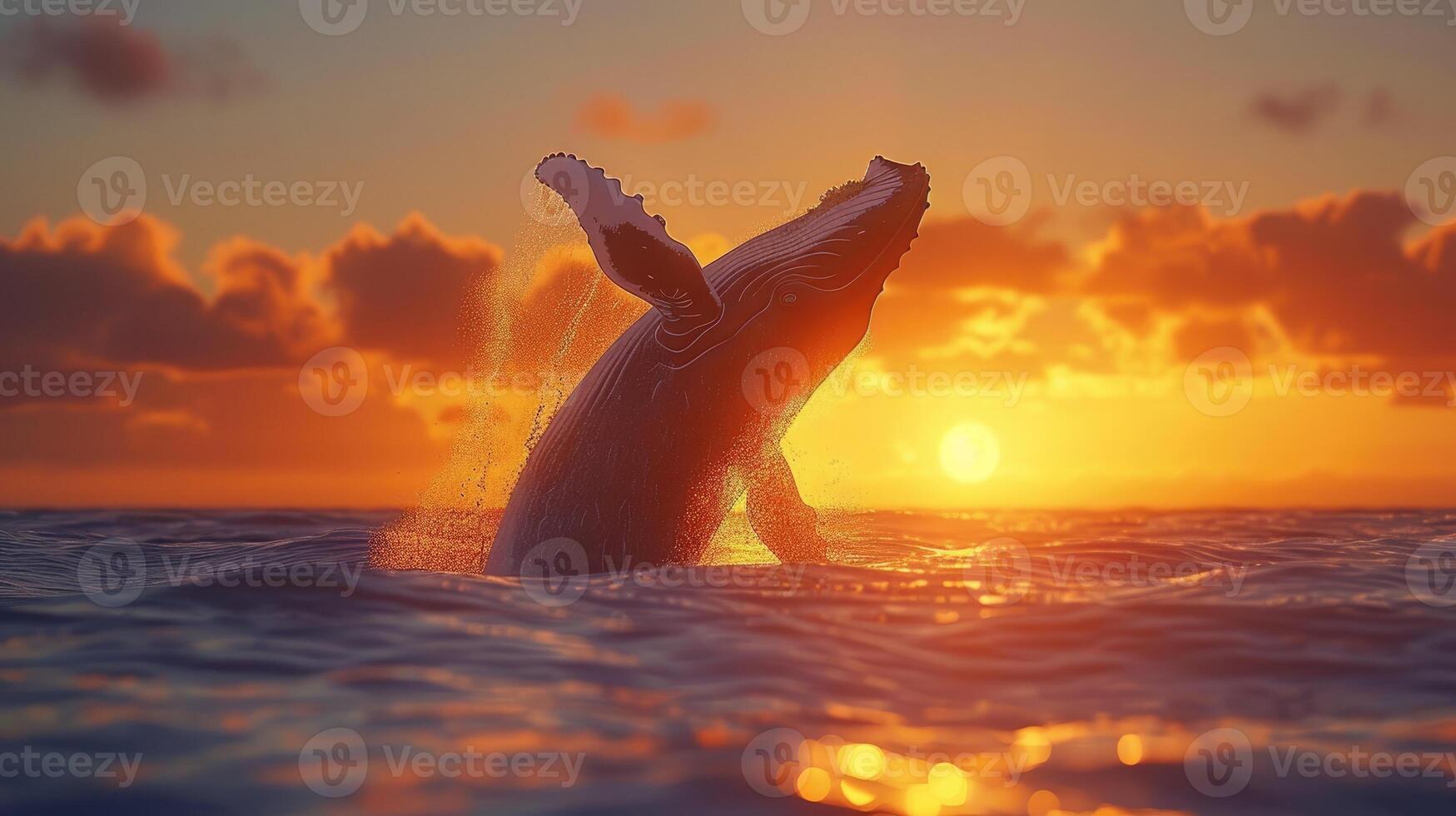 Jumping humpback whale over water at sunset. photo