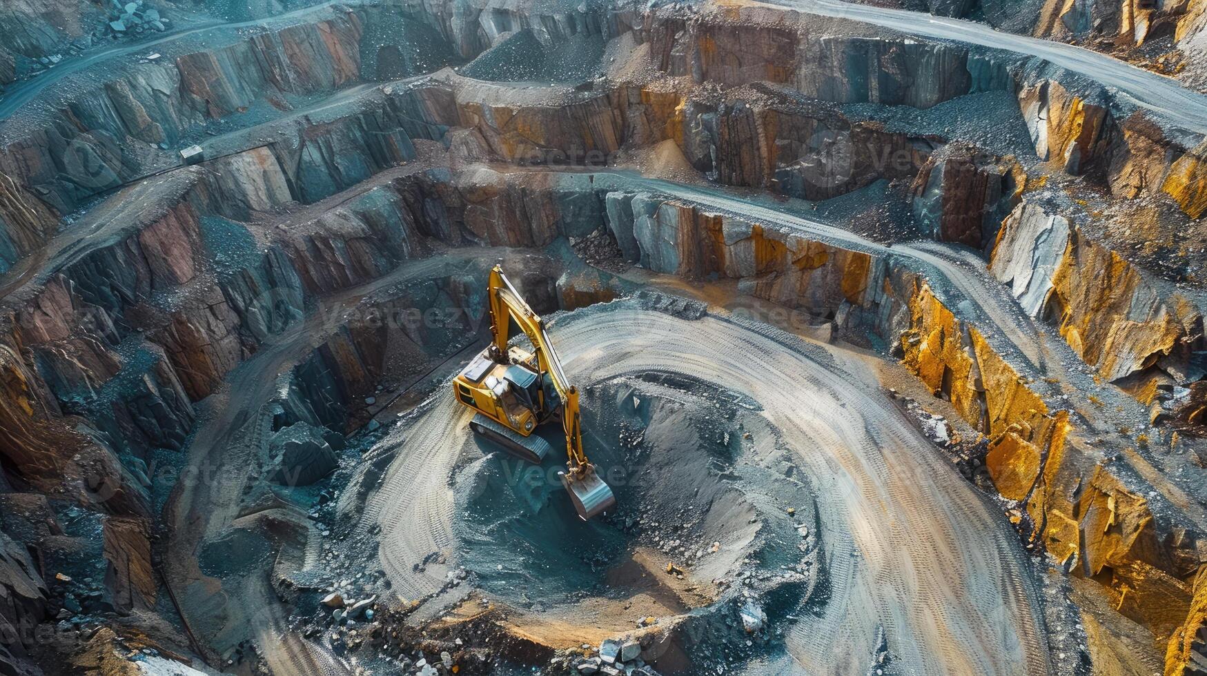 Excavator in a deep quarry mining rock photo