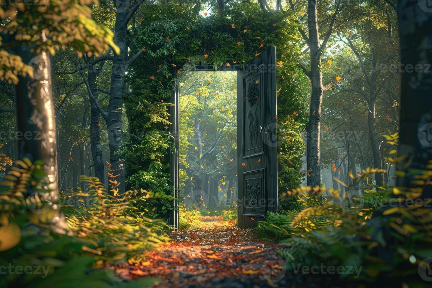A whimsical concept of a door frame in a lush forest, creating an enchanting portal to another world photo
