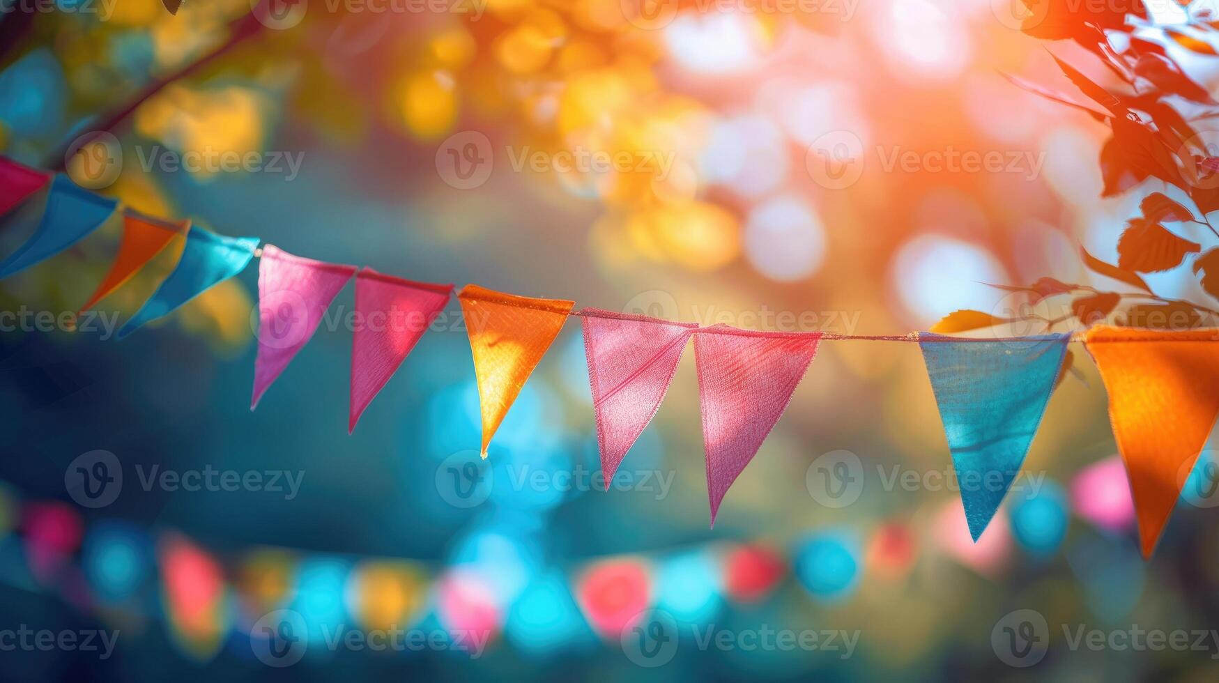 Festive colorful bunting flags strung across in golden hour sunlight creating a joyous atmosphere photo