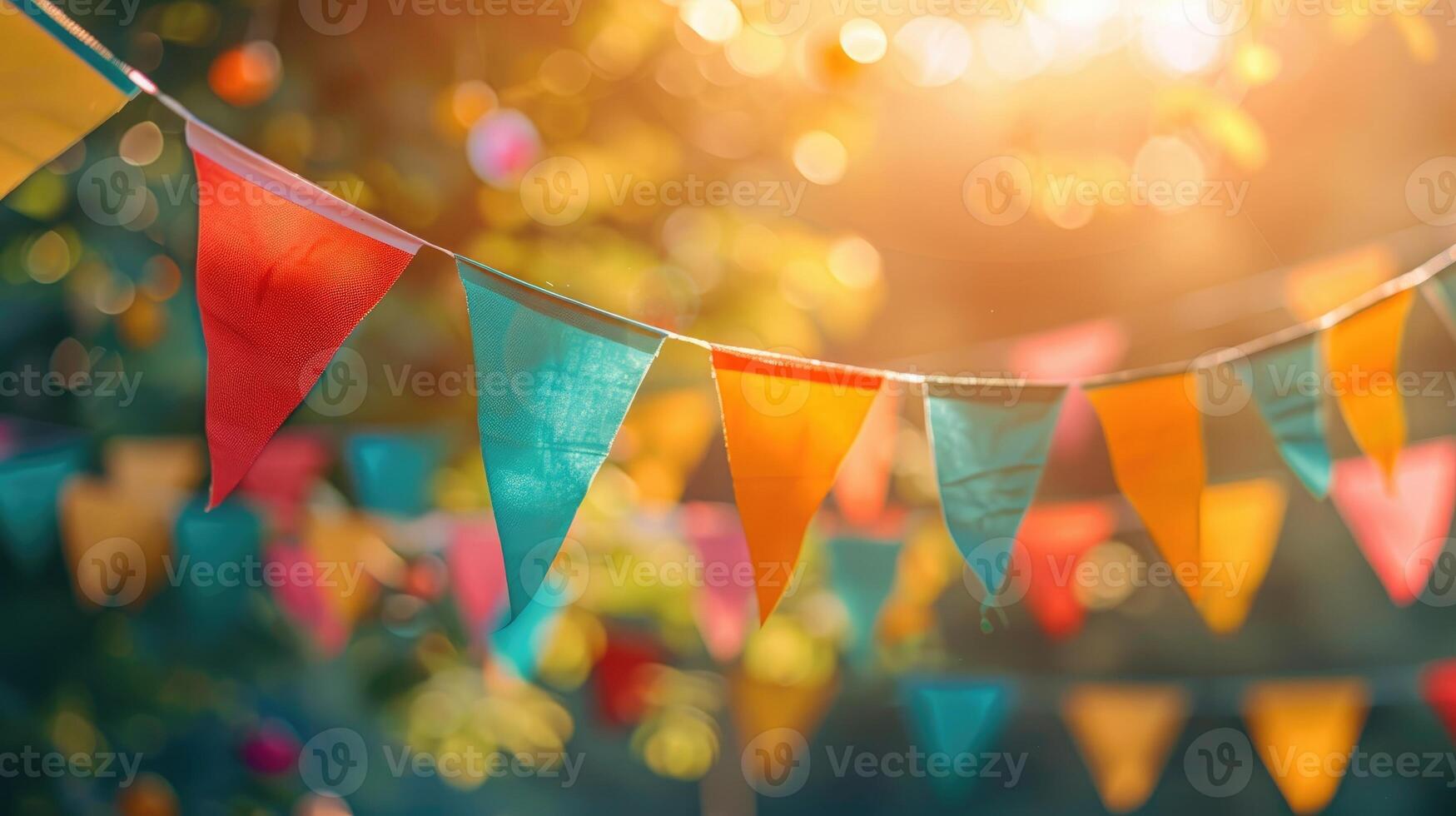 Festive colorful bunting flags strung across in golden hour sunlight creating a joyous atmosphere photo