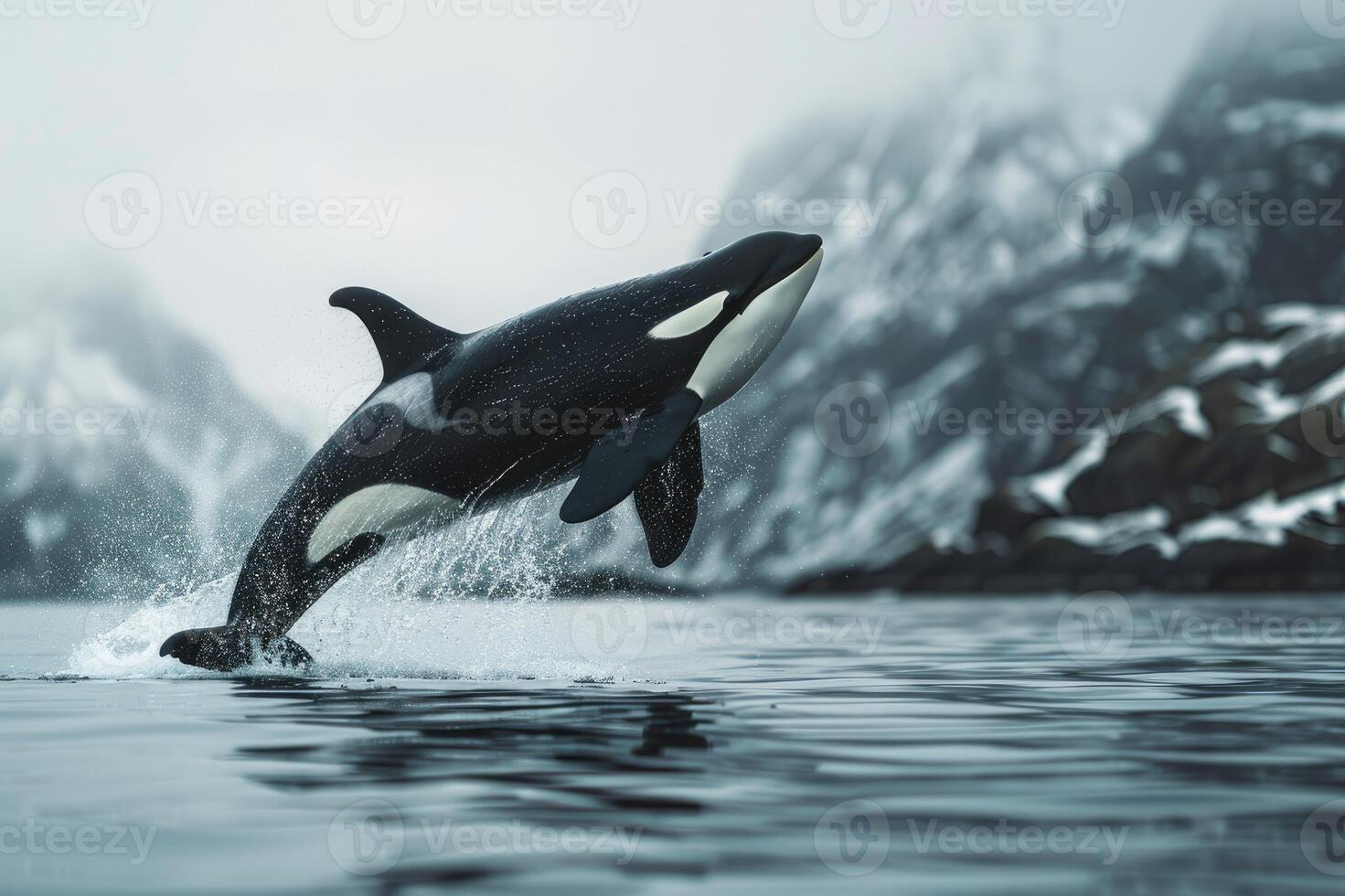 Jumping orca whale over water, Pacific ocean. photo