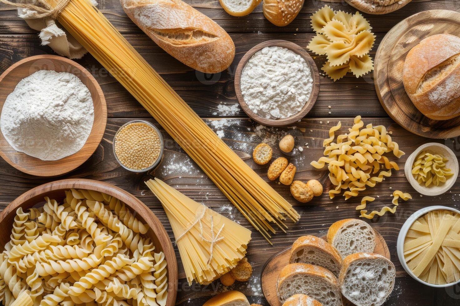 A variety of pasta types and baking ingredients on a wooden table photo
