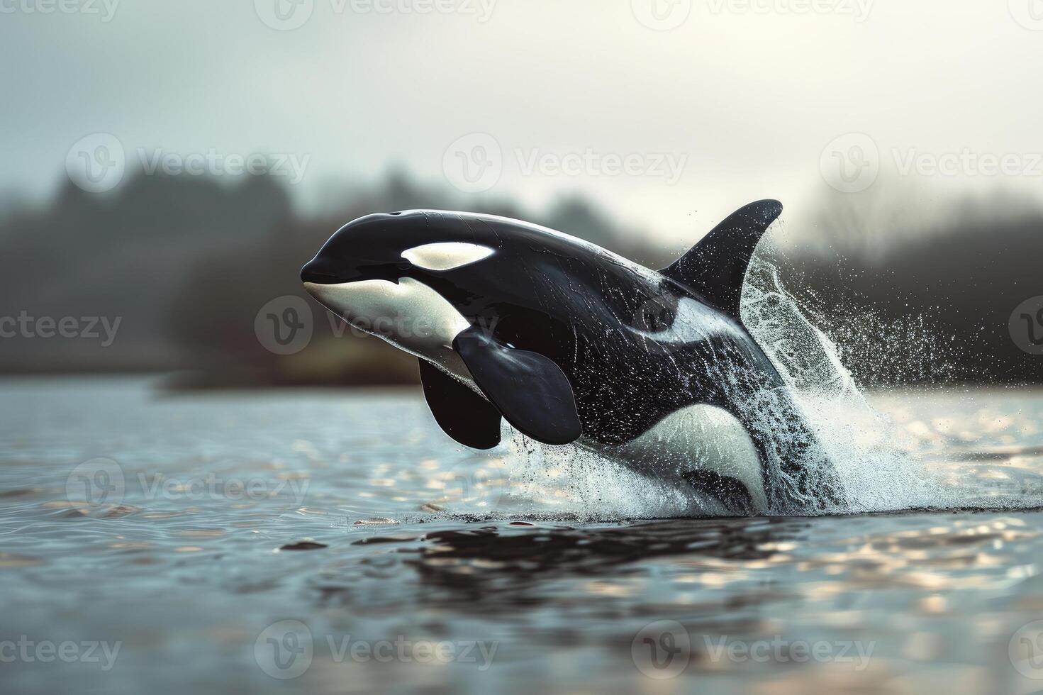 Jumping orca whale over water, Pacific ocean. photo