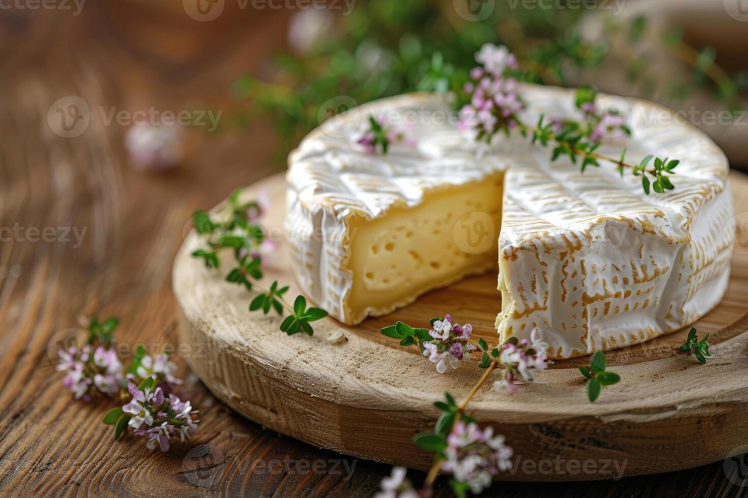 Camembert cheese with fresh thyme on wood photo