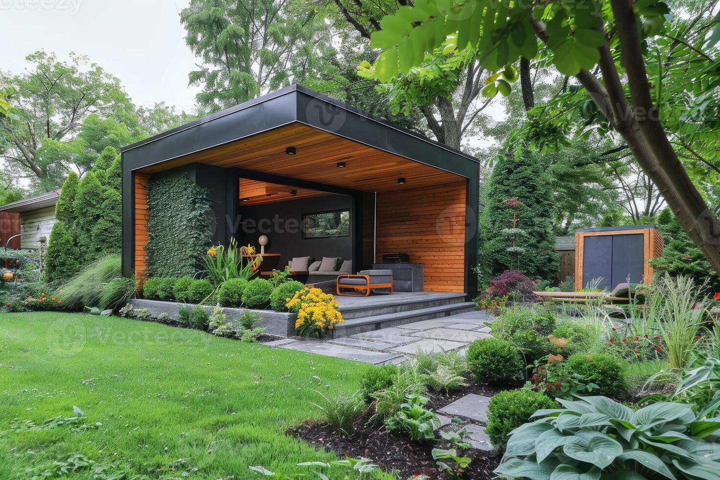 Modern backyard shed with a flat roof and surrounded by greenery photo