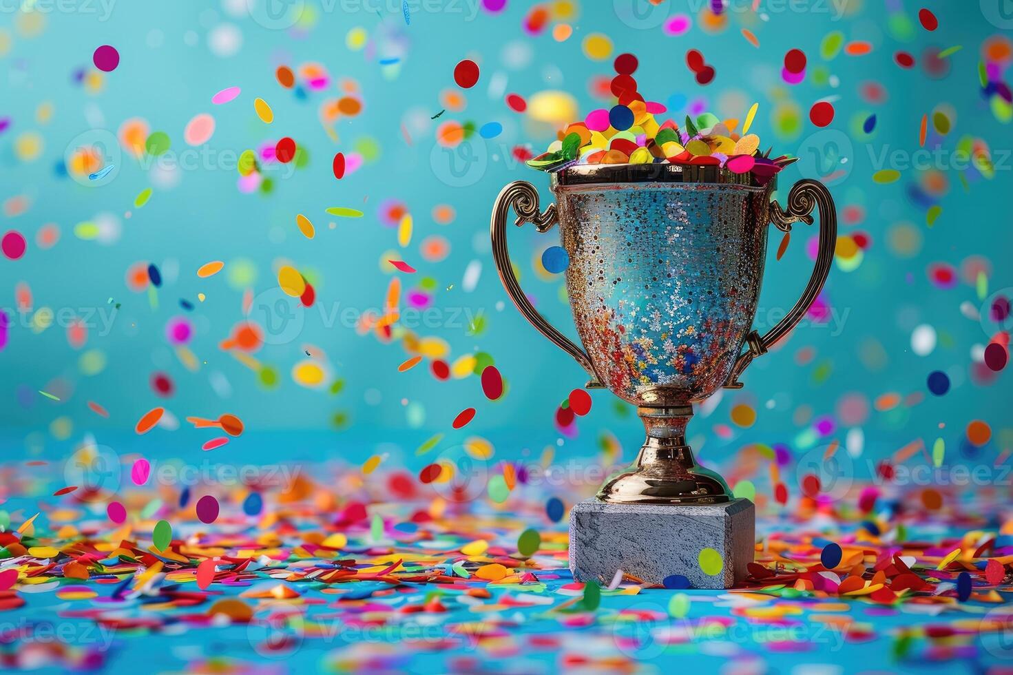 Trophy cup with colorful confetti photo
