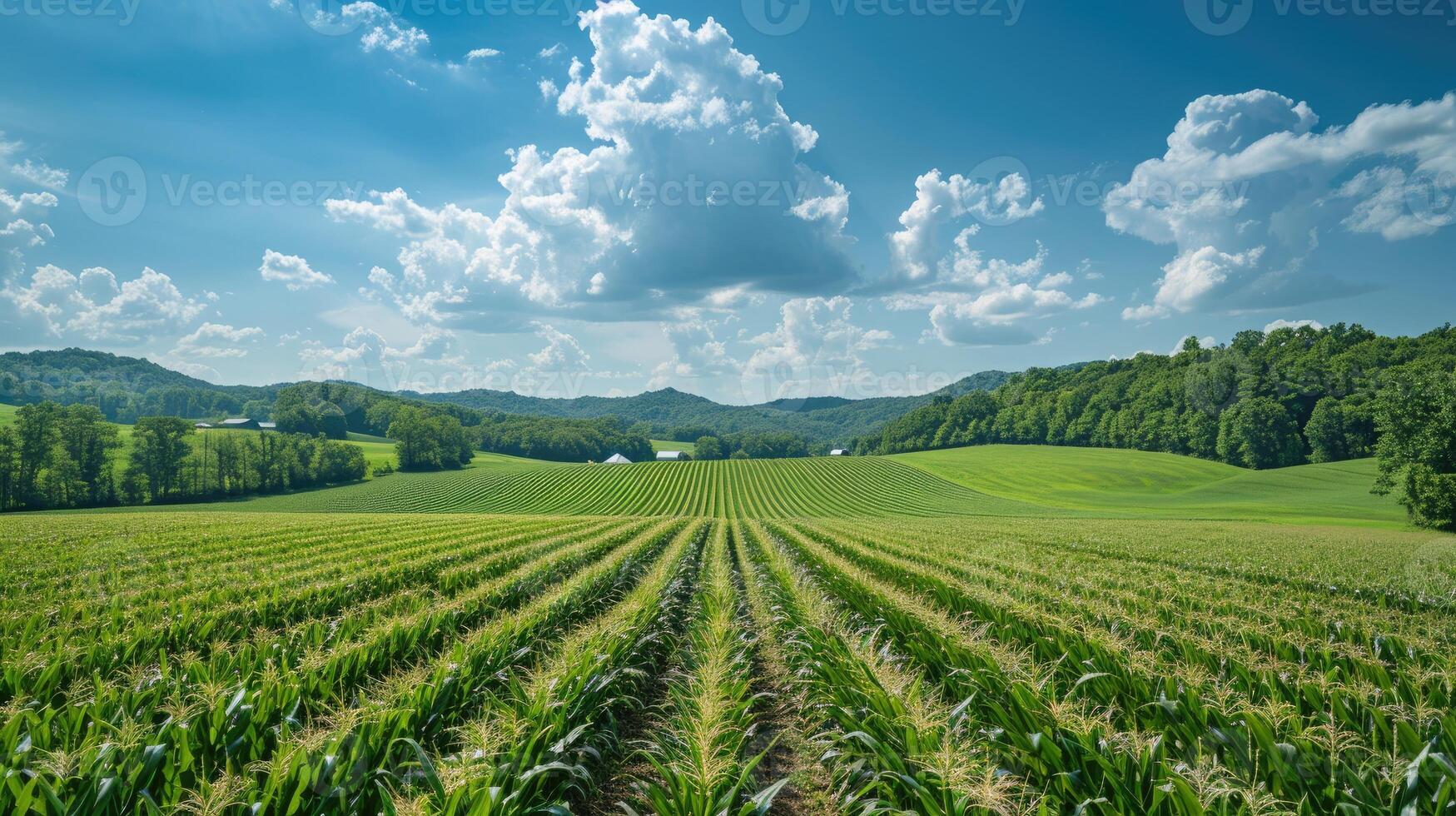 A verdant cornfield extends towards rolling hills under a blue sky with fluffy clouds photo