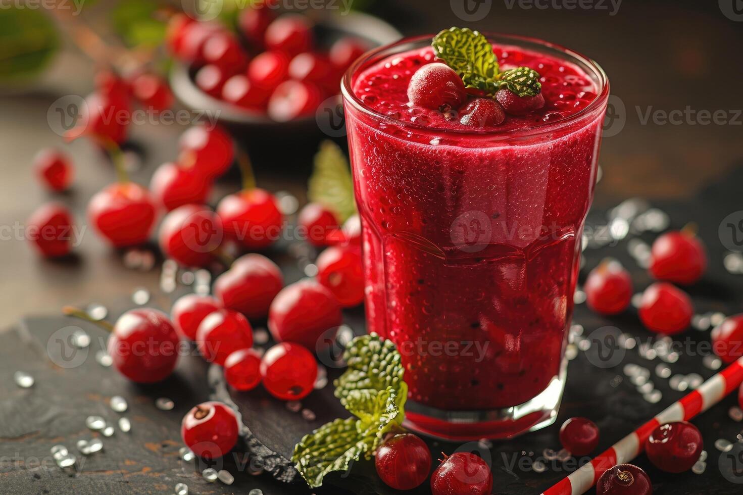 Glass of redcurrant smoothie with garnish photo