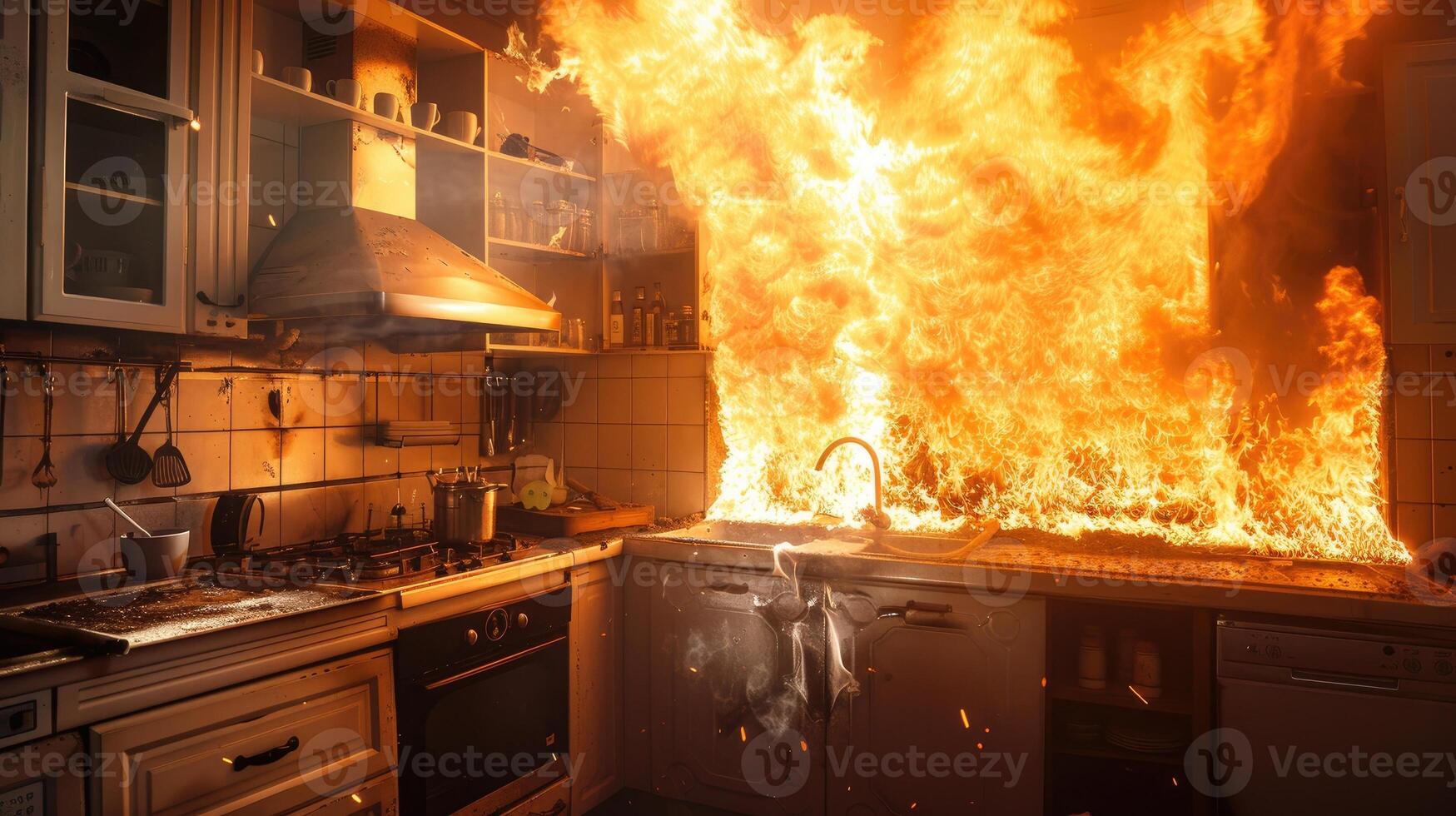 Intense flames consume a domestic kitchen, highlighting the dangers of fire in residential spaces and emergency safety photo