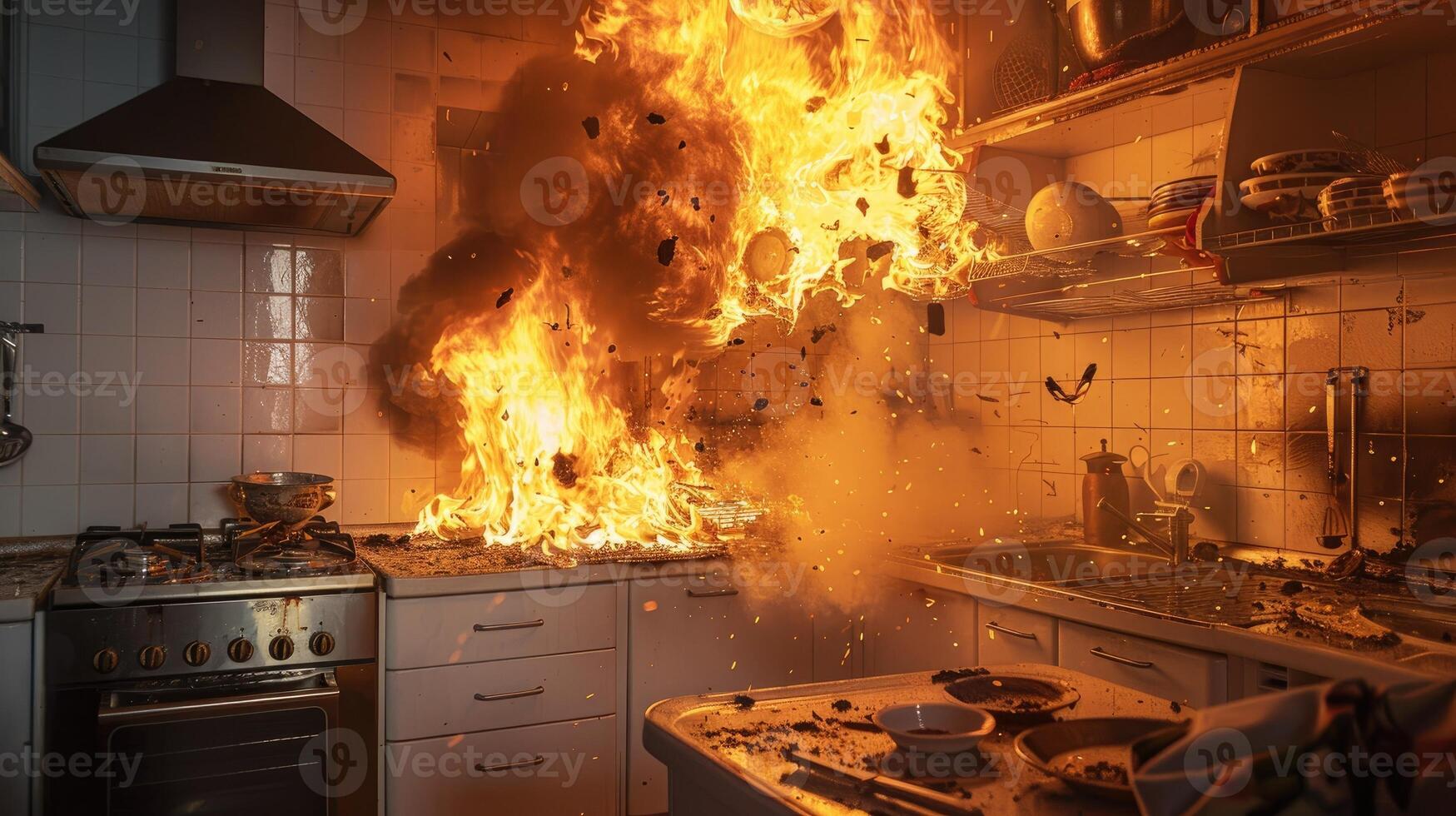 Intense flames consume a domestic kitchen, highlighting the dangers of fire in residential spaces and emergency safety photo