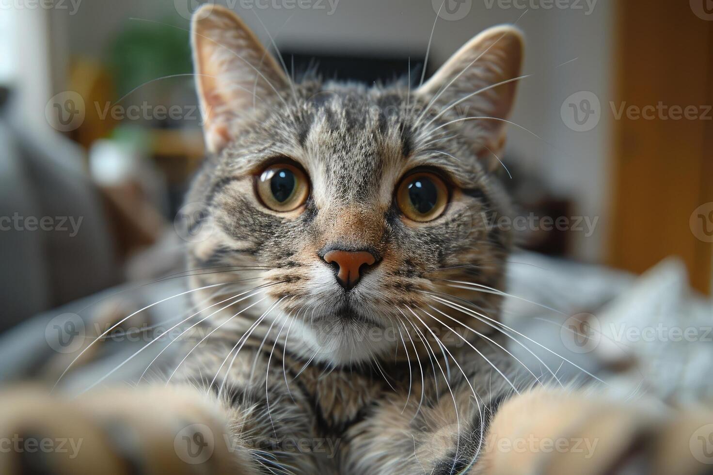 Tabby cat reaching towards camera photo