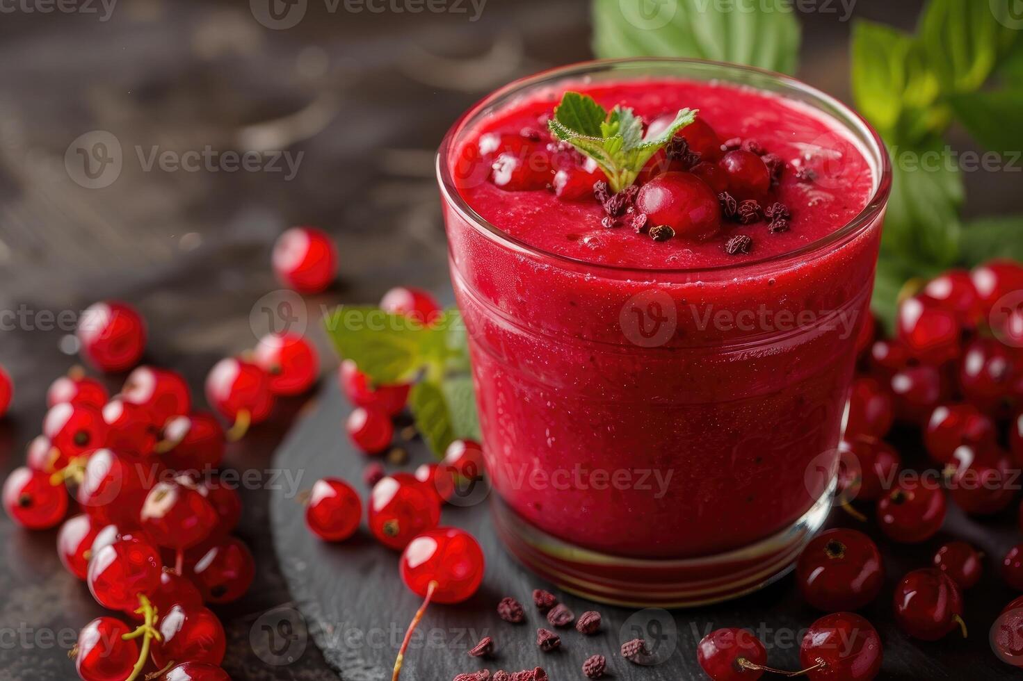 Glass of redcurrant smoothie with garnish photo