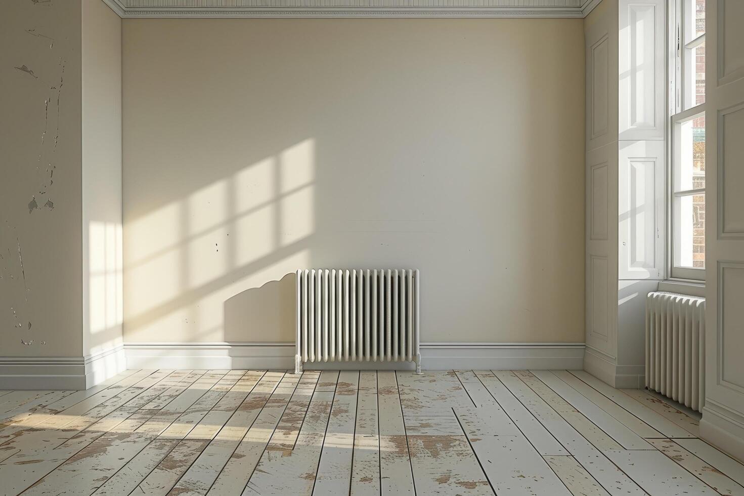 Warm sunlight casting shadows from a window onto an empty room with radiator photo
