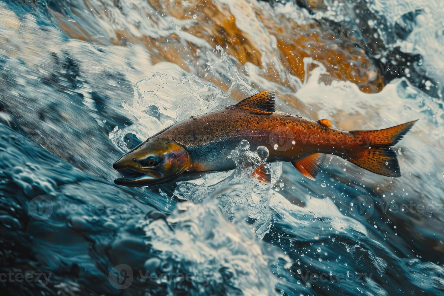 Salmon jumping up a waterfall photo