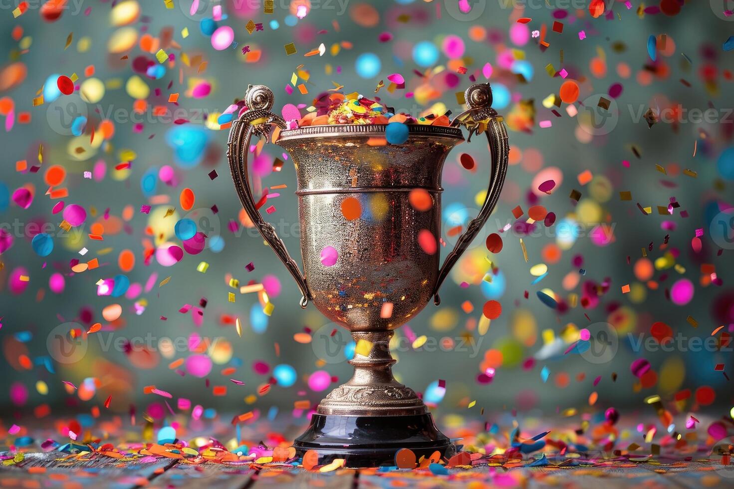 Trophy cup with colorful confetti photo