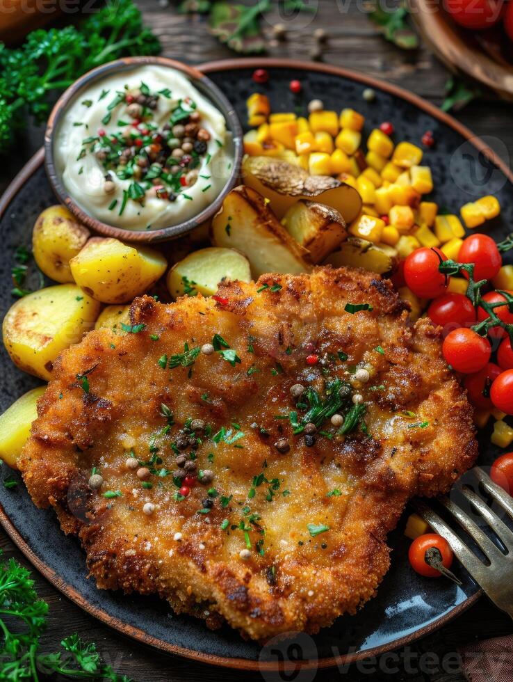 Delicious breaded schnitzel with herbs, served with potatoes and mixed vegetables photo