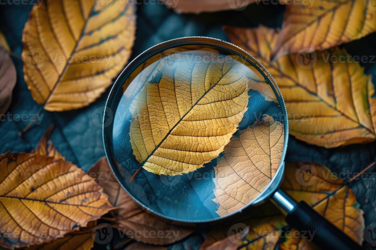 Magnifying glass focusing on the detailed texture of a yellow autumn leaf amid other fallen leaves photo