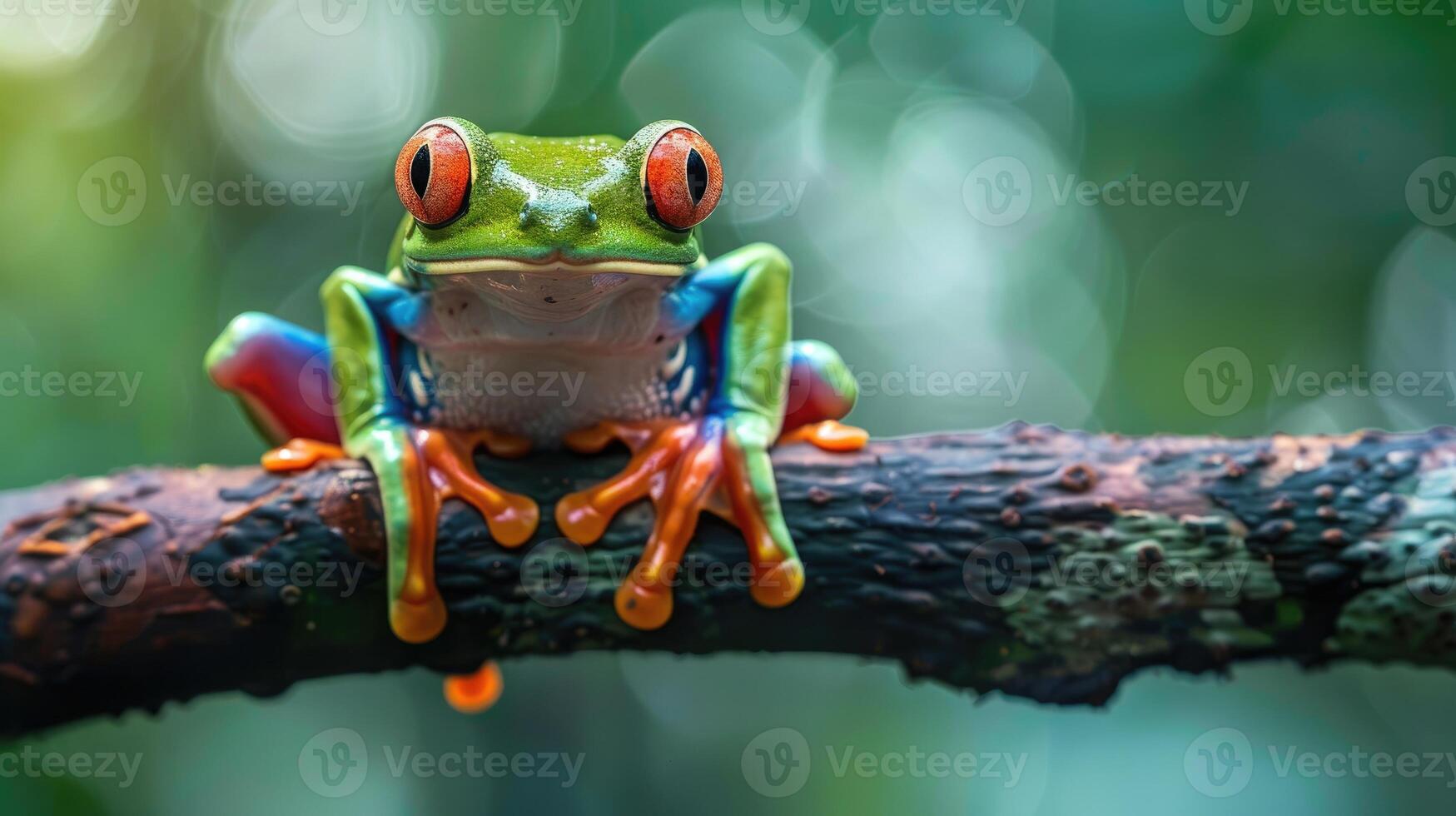 A striking image of a vividly colored tree frog perched confidently on a branch photo