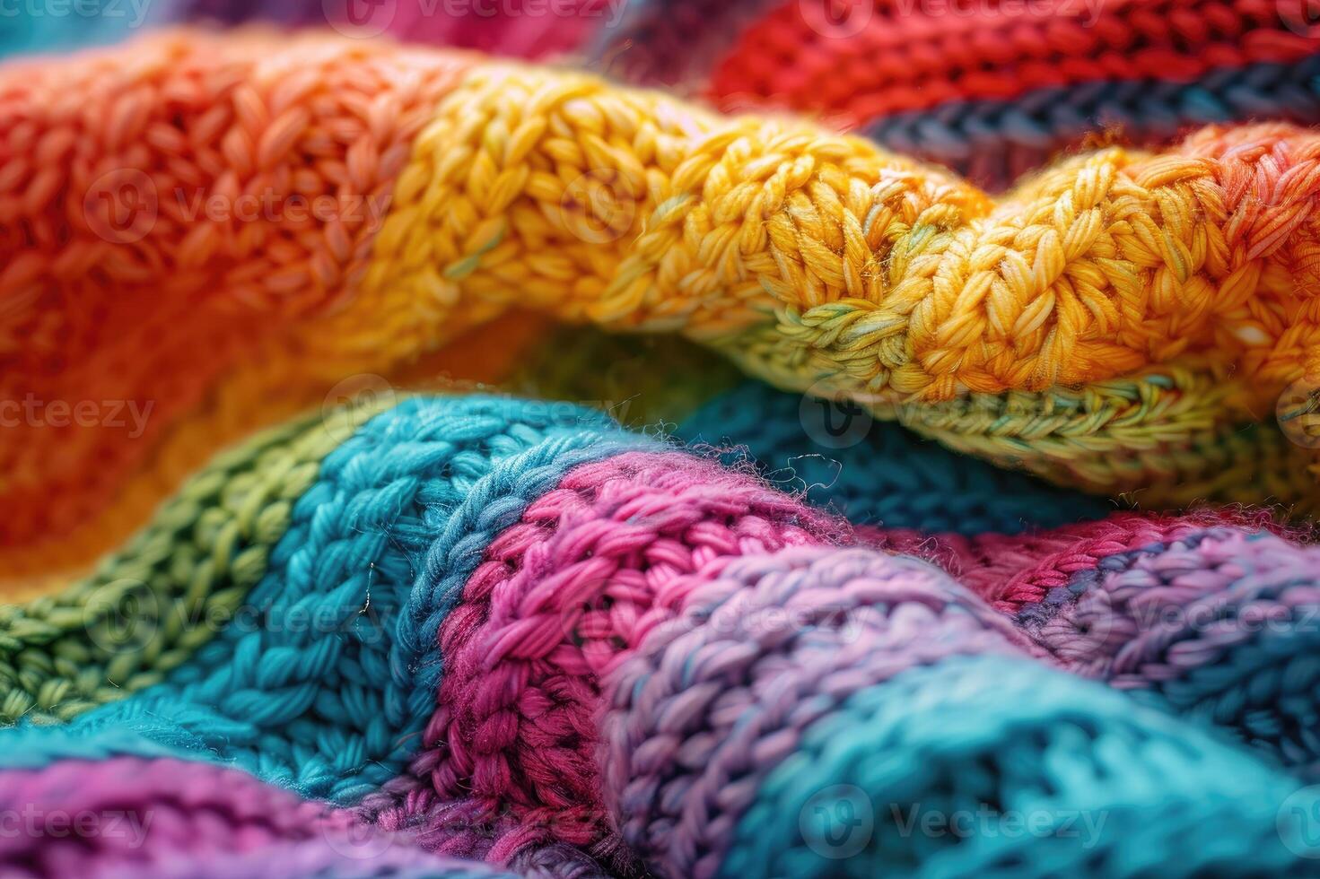 Multicolored knitted fabric showcasing a variety of vibrant yarns and intricate textures photo