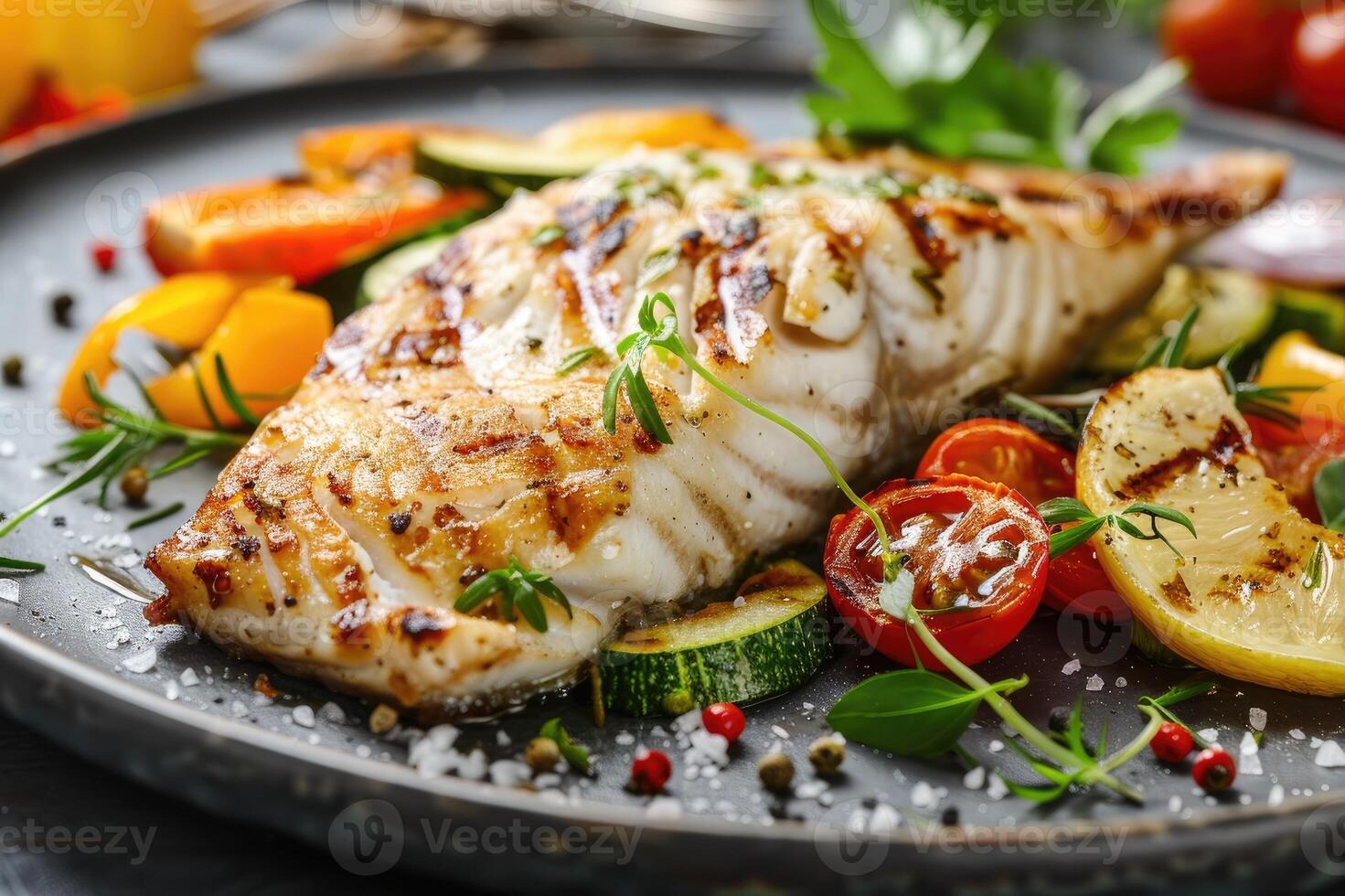 Grilled fish fillet with vegetables on a plate. photo