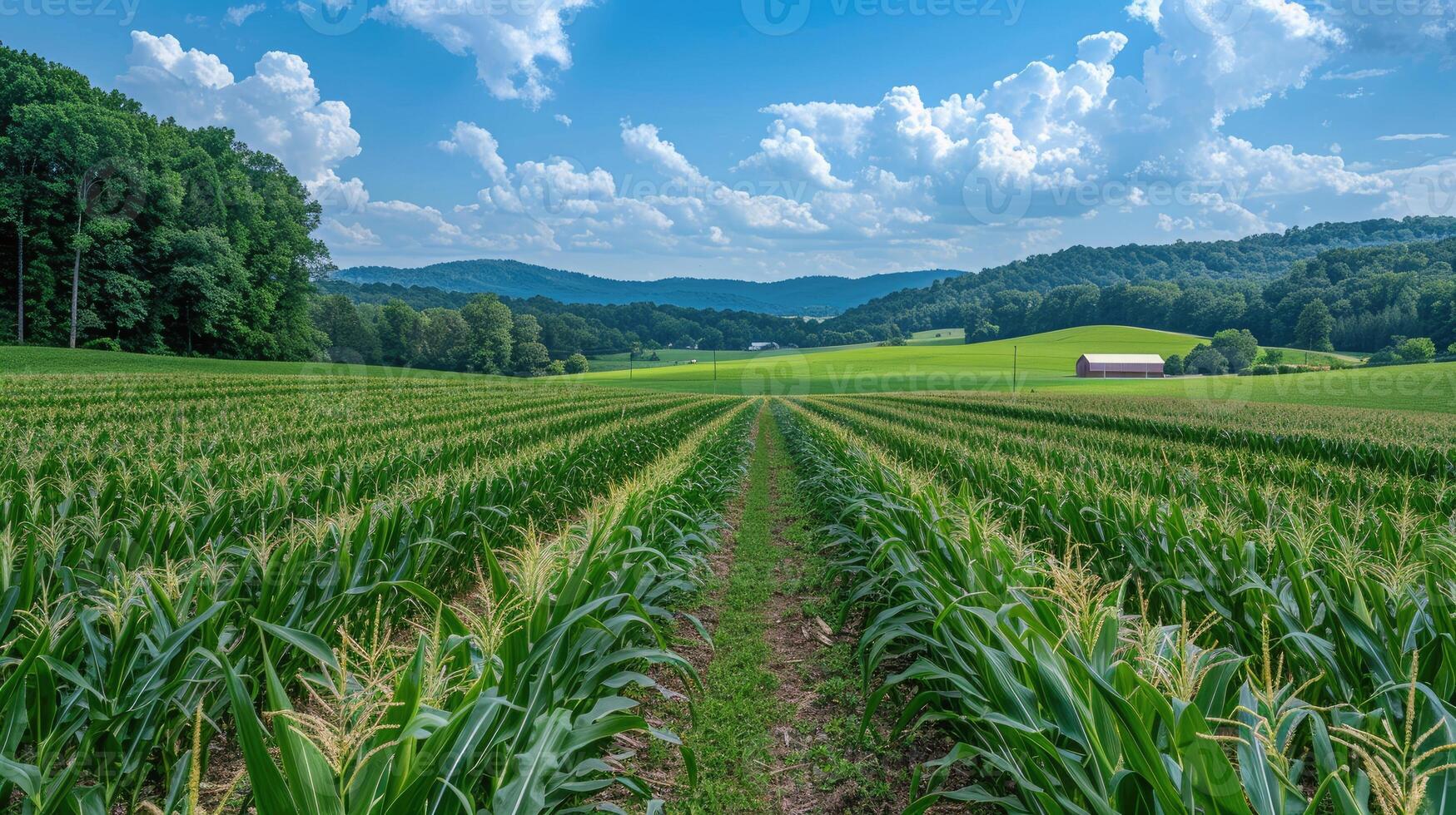 A verdant cornfield extends towards rolling hills under a blue sky with fluffy clouds photo