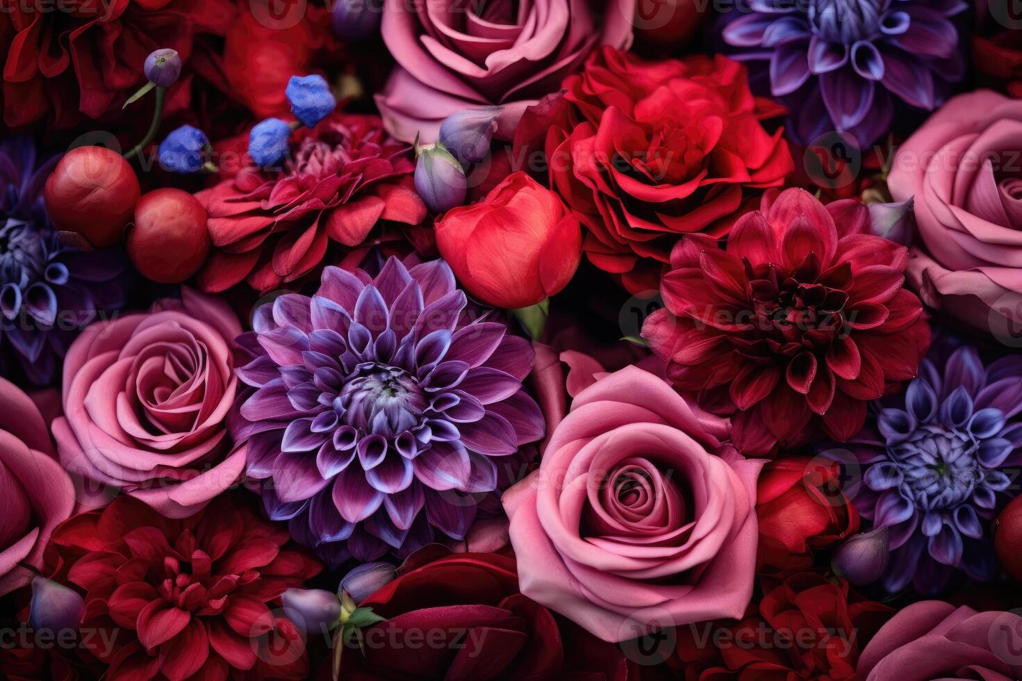 Red and purple flowers such as roses and dahlias photo