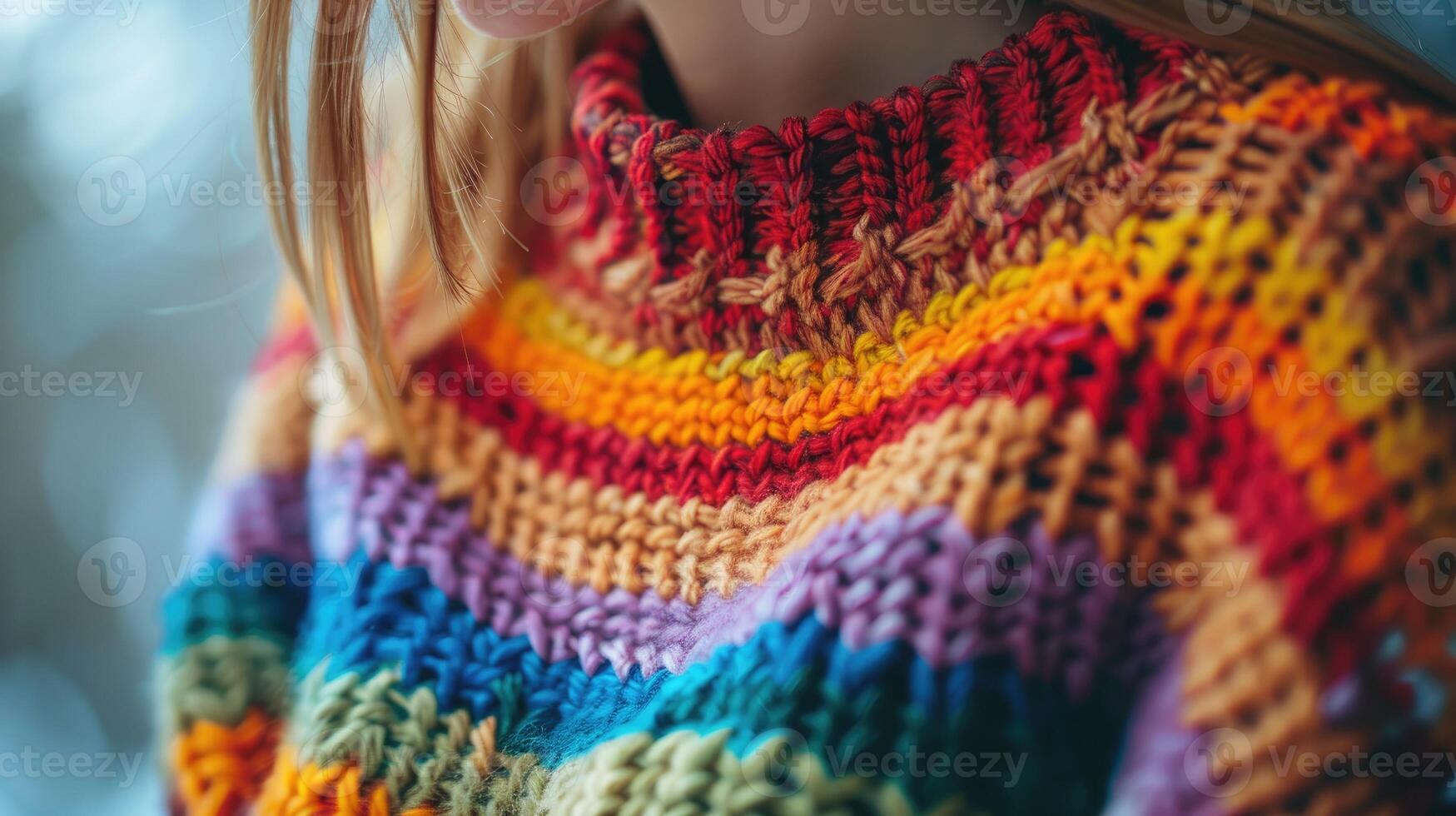 Detailed close-up of multicolored knit patterns on a cozy handmade sweater photo